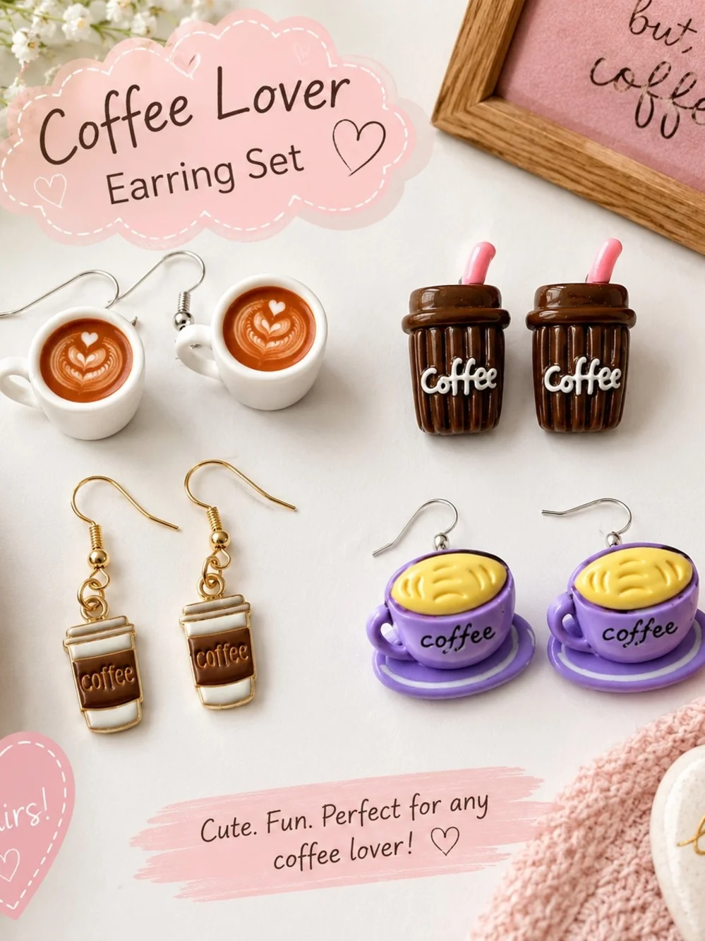 ☕ Coffee Lover Earring Set – 4 Pairs of Cute Coffee-Themed Earrings